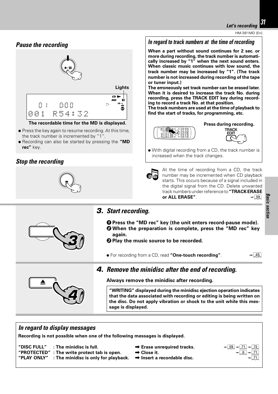 Start recording, Remove the minidisc after the end of recording, Pause the recording | Stop the recording | Kenwood HM-381MD User Manual | Page 31 / 76