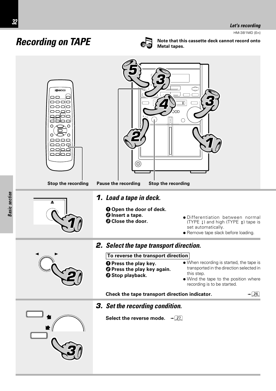 Recording on tape | Kenwood HM-381MD User Manual | Page 32 / 76