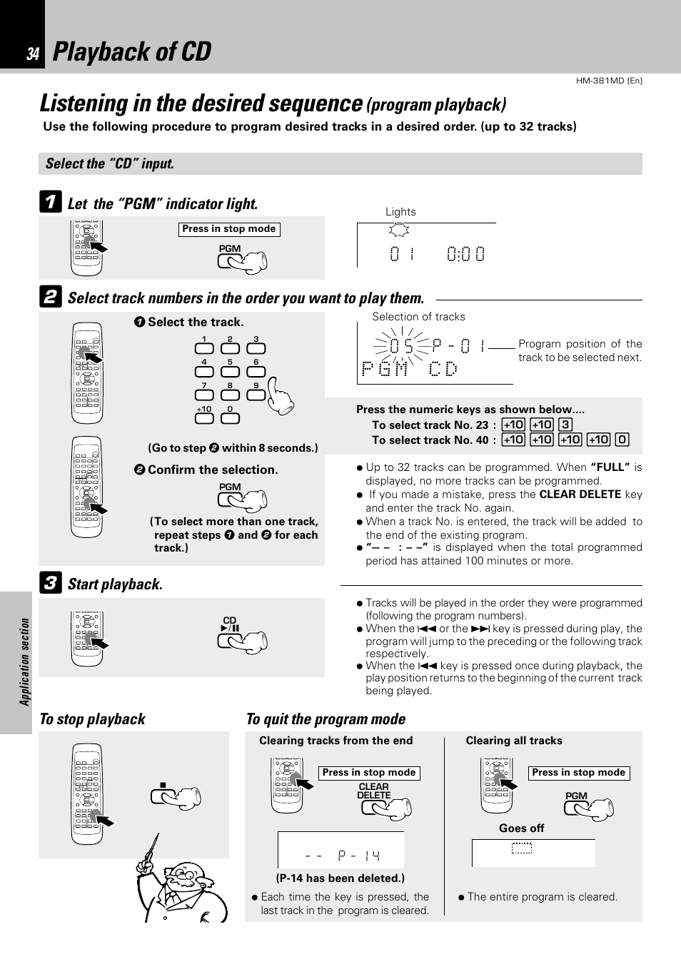 Playback of cd, Listening in the desired sequence, Program playback) | Start playback, Let the “pgm” indicator light, Select the “cd” input, 8 p - 1 4, 1 select the track. 2 confirm the selection | Kenwood HM-381MD User Manual | Page 34 / 76