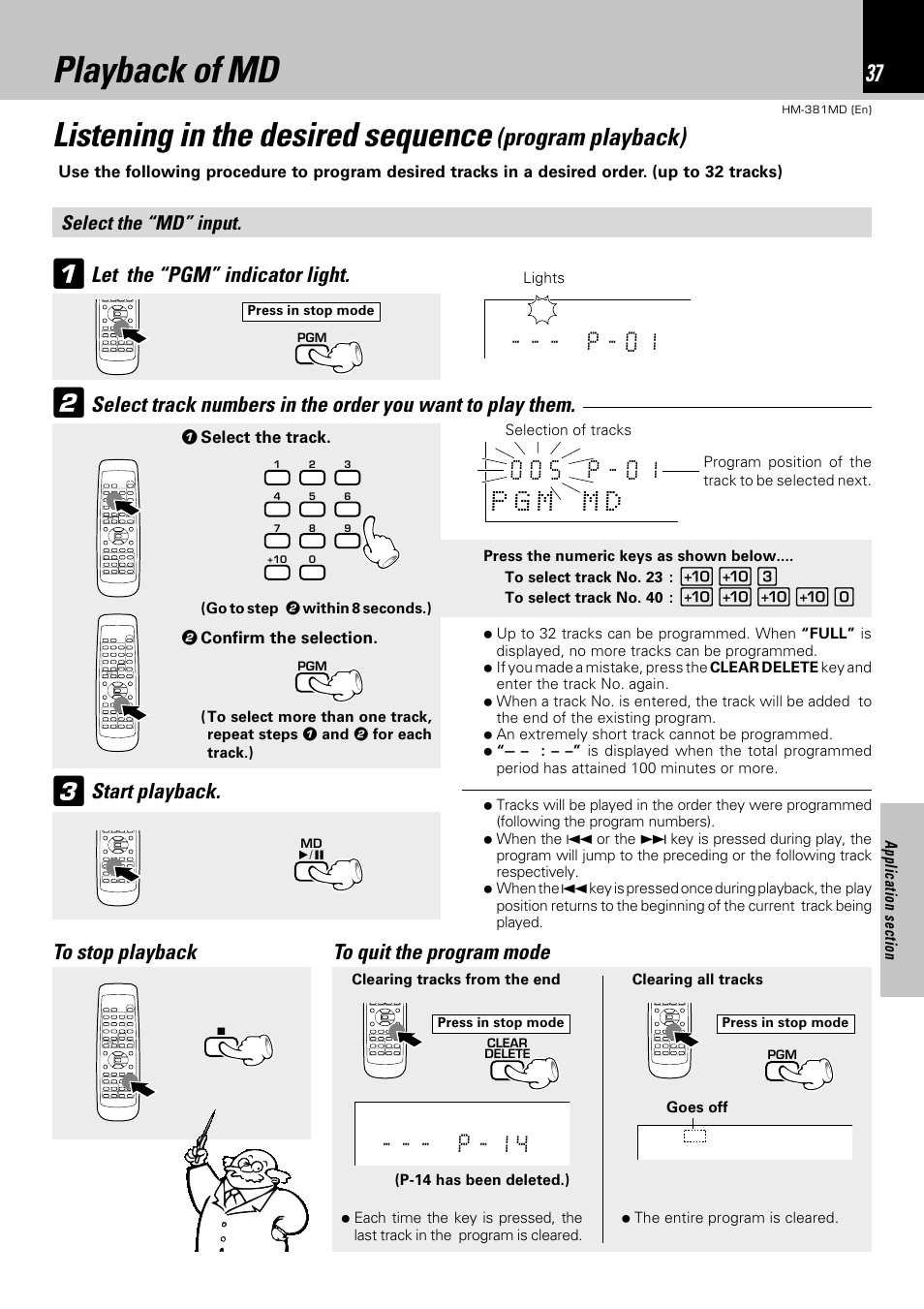 Playback of md, Listening in the desired sequence, Program playback) | P - 0 1 p g m • m d, P - 1 4, Let the “pgm” indicator light, Start playback, Select the “md” input, 1 select the track. 2 confirm the selection | Kenwood HM-381MD User Manual | Page 37 / 76
