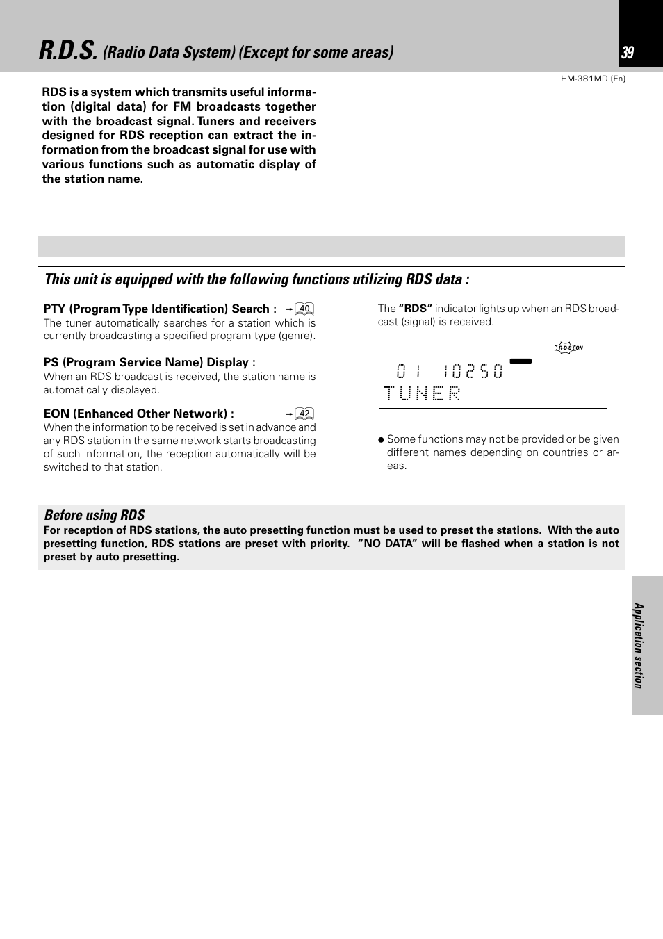 R.d.s, Radio data system) (except for some areas), Before using rds | Pty (program type identification) search, Ps (program service name) display, Eon (enhanced other network) | Kenwood HM-381MD User Manual | Page 39 / 76