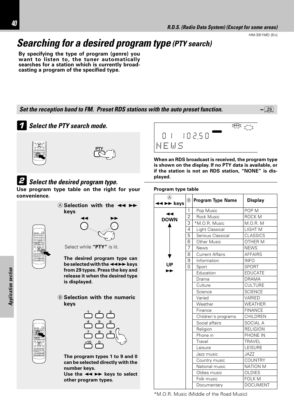 Searching for a desired program type, Pty search), Select the pty search mode | Select the desired program type | Kenwood HM-381MD User Manual | Page 40 / 76