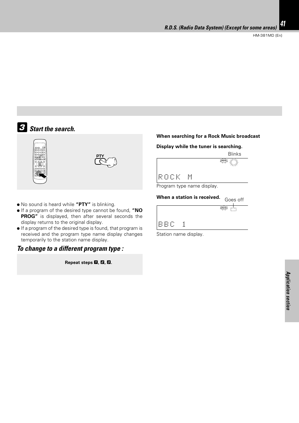 Start the search, R.d.s. (radio data system) (except for some areas), Repeat steps 1 , 2 , 3 | Kenwood HM-381MD User Manual | Page 41 / 76