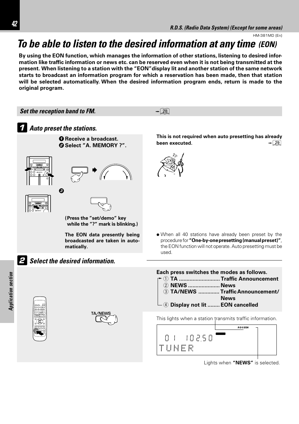 Eon), Select the desired information, Auto preset the stations | Set the reception band to fm | Kenwood HM-381MD User Manual | Page 42 / 76