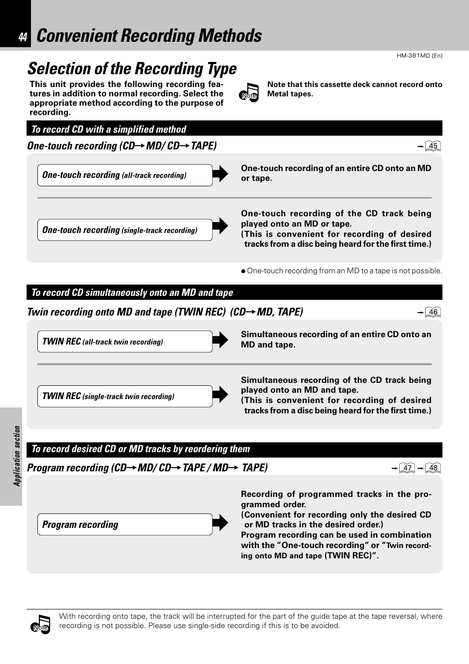 Convenient recording methods, Selection of the recording type | Kenwood HM-381MD User Manual | Page 44 / 76