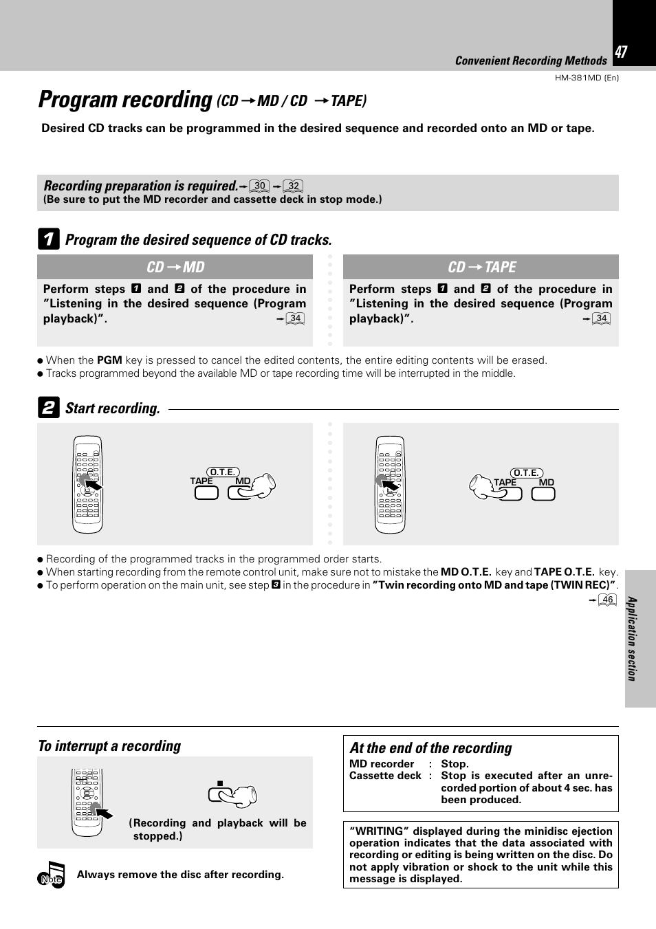 Program recording, Md / cd, Tape) | Start recording, At the end of the recording, Md cd, Tape, Program the desired sequence of cd tracks | Kenwood HM-381MD User Manual | Page 47 / 76