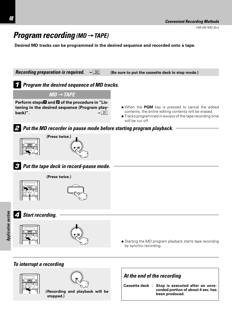 Program recording, Md = tape) | Kenwood HM-381MD User Manual | Page 48 / 76