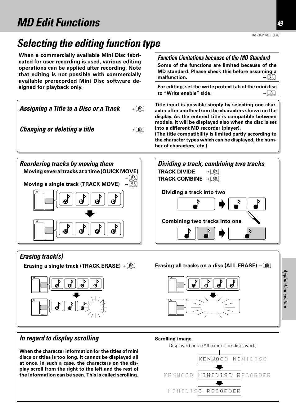 Md edit functions, Selecting the editing function type, Function limitations because of the md standard | Assigning a title to a disc or a track, Changing or deleting a title, Erasing track(s) | Kenwood HM-381MD User Manual | Page 49 / 76
