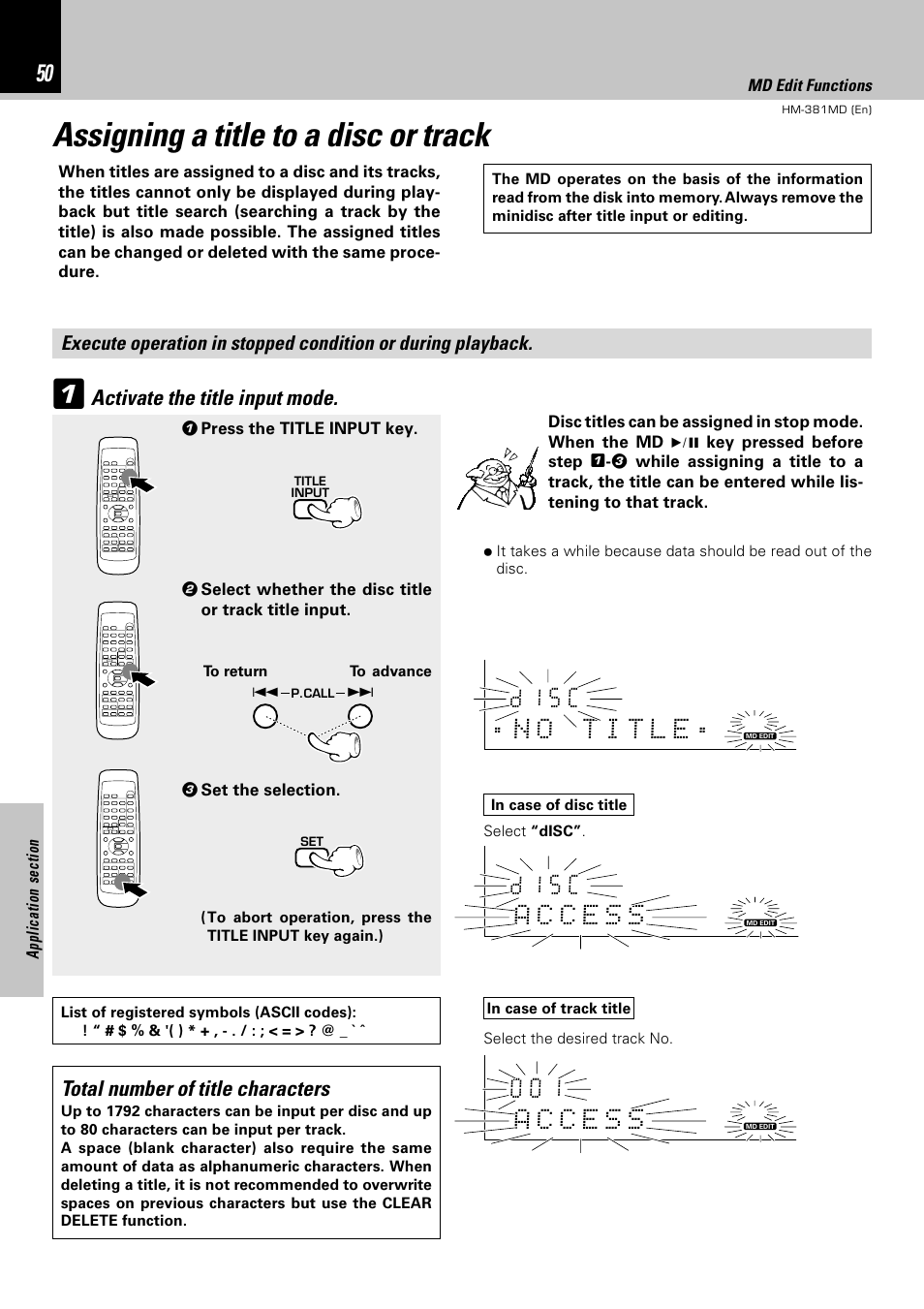Assigning a title to a disc or track, Activate the title input mode, Total number of title characters | Md edit functions | Kenwood HM-381MD User Manual | Page 50 / 76