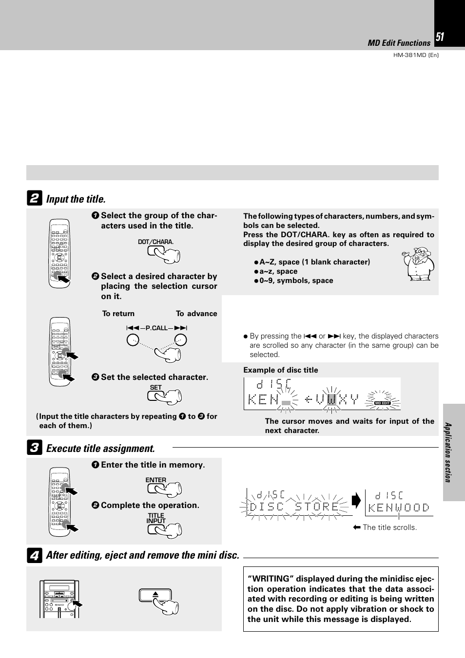 After editing, eject and remove the mini disc, Execute title assignment, Input the title | Kenwood HM-381MD User Manual | Page 51 / 76