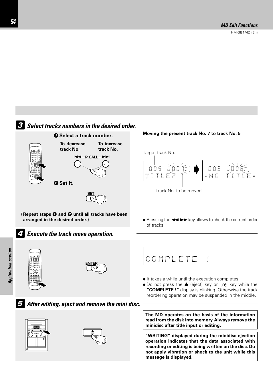 Select tracks numbers in the desired order, Execute the track move operation, After editing, eject and remove the mini disc | Kenwood HM-381MD User Manual | Page 54 / 76