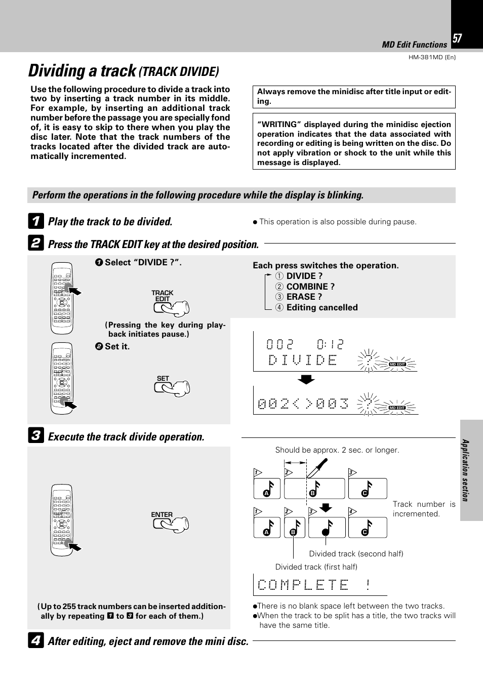 Dividing a track, Track divide) | Kenwood HM-381MD User Manual | Page 57 / 76