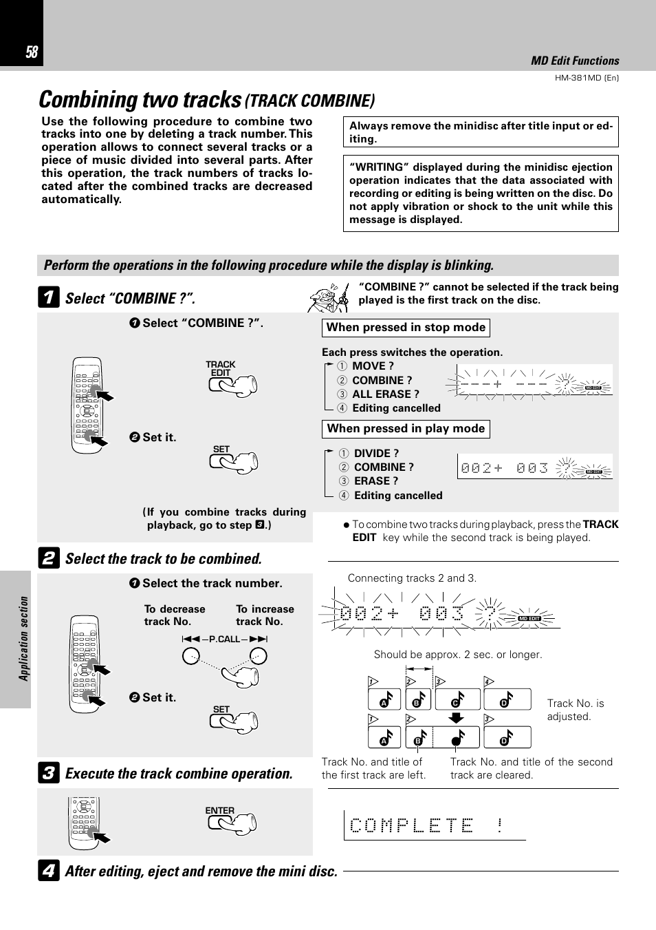 Combining two tracks, Track combine), Select “combine | Select the track to be combined | Kenwood HM-381MD User Manual | Page 58 / 76