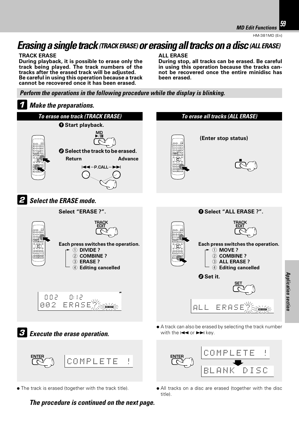 Erasing a single track, Or erasing all tracks on a disc, Execute the erase operation | Track erase), All erase), Make the preparations. select the erase mode | Kenwood HM-381MD User Manual | Page 59 / 76