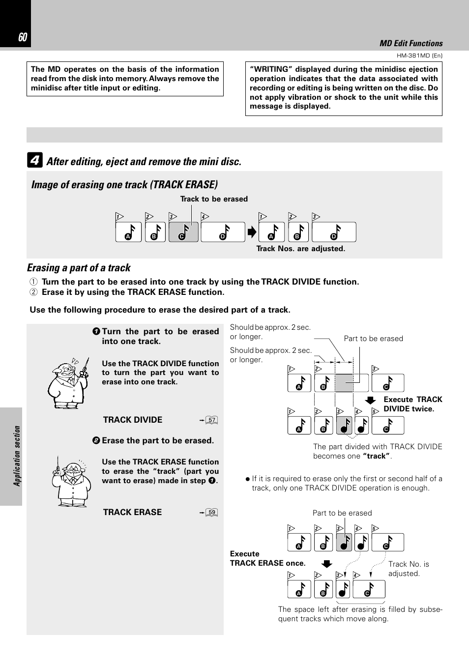 Erasing a part of a track, 1 turn the part to be erased into one track, 2 erase the part to be erased | Track divide u, Track erase o md edit functions | Kenwood HM-381MD User Manual | Page 60 / 76