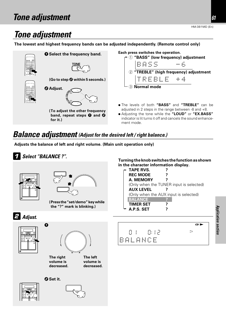 Tone adjustment, Balance adjustment, Adjust for the desired left / right balance.) | Select “balance, Adjust | Kenwood HM-381MD User Manual | Page 61 / 76