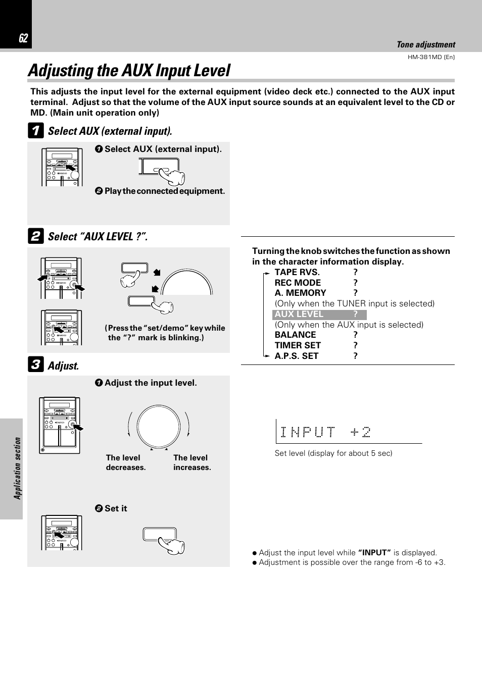 Adjusting the aux input level, Select aux (external input), Select “aux level | Adjust | Kenwood HM-381MD User Manual | Page 62 / 76