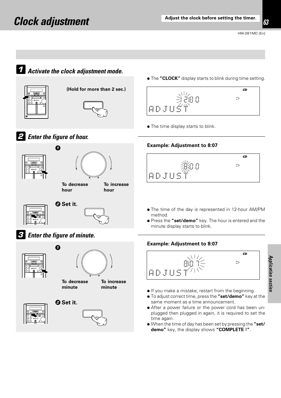 Clock adjustment, Enter the figure of minute, 2 set it. 1 2 set it | Example: adjustment to 8:07 | Kenwood HM-381MD User Manual | Page 63 / 76