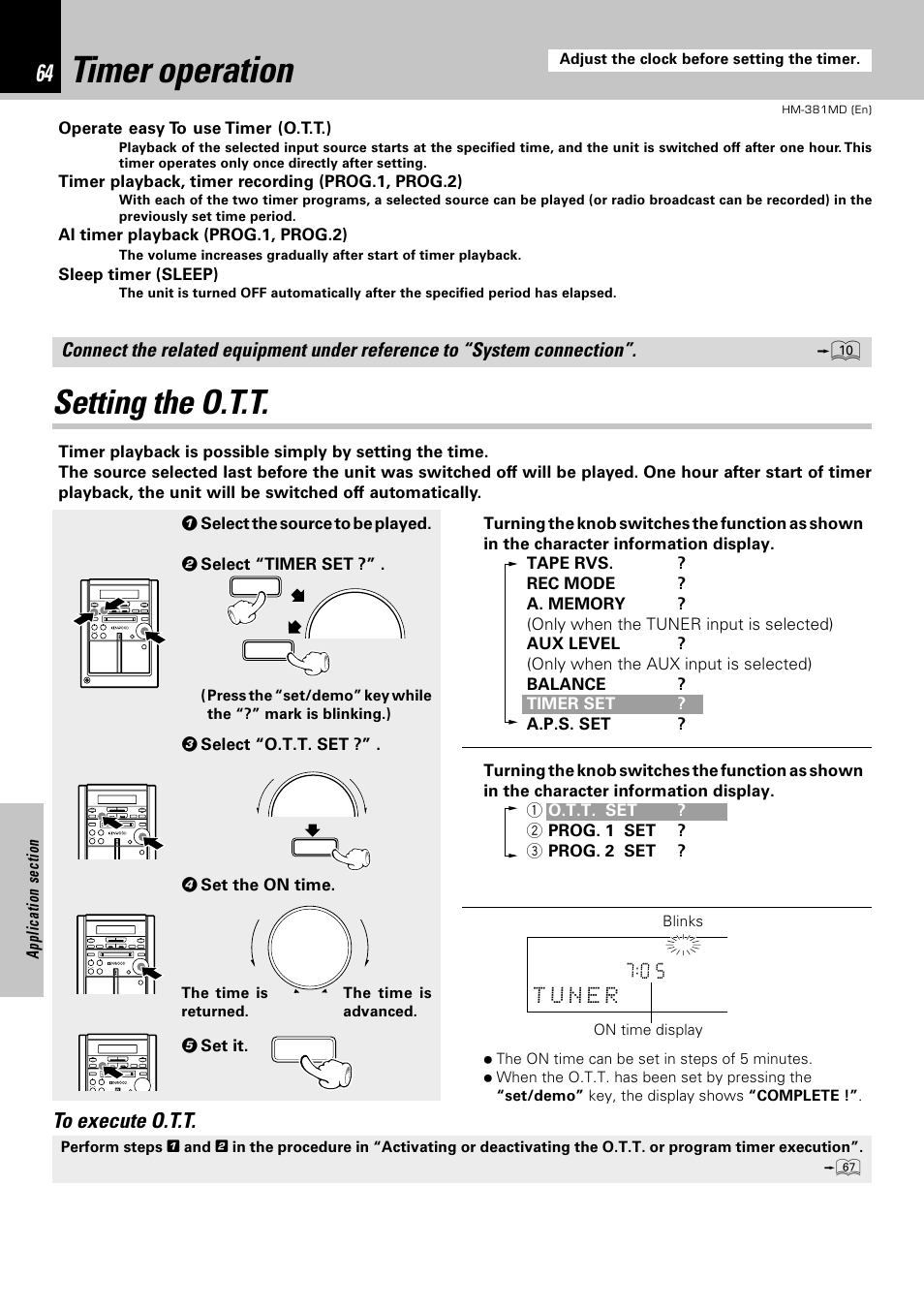 Timer operation, Setting the o.t.t | Kenwood HM-381MD User Manual | Page 64 / 76