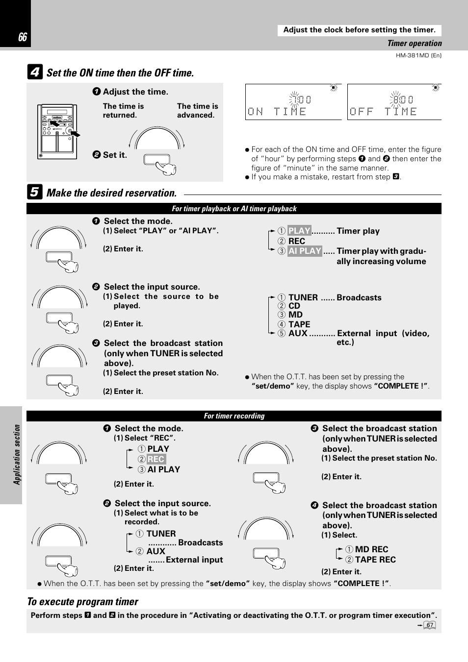 Set the on time then the off time, Make the desired reservation, Adjust the time | Set it, 1 select the mode, 2 select the input source, Timer operation | Kenwood HM-381MD User Manual | Page 66 / 76