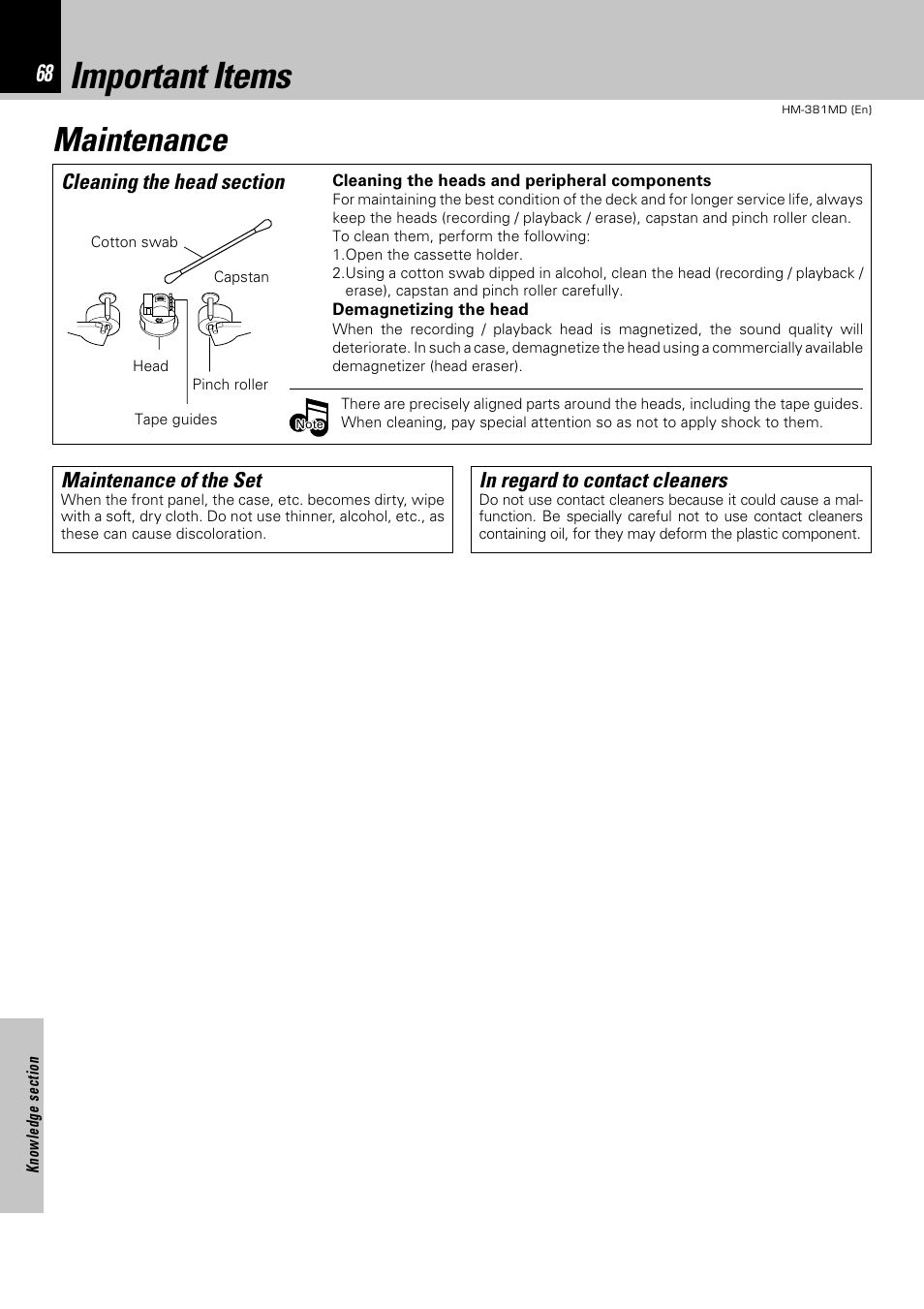 Important items, Maintenance, Maintenance of the set | Kenwood HM-381MD User Manual | Page 68 / 76