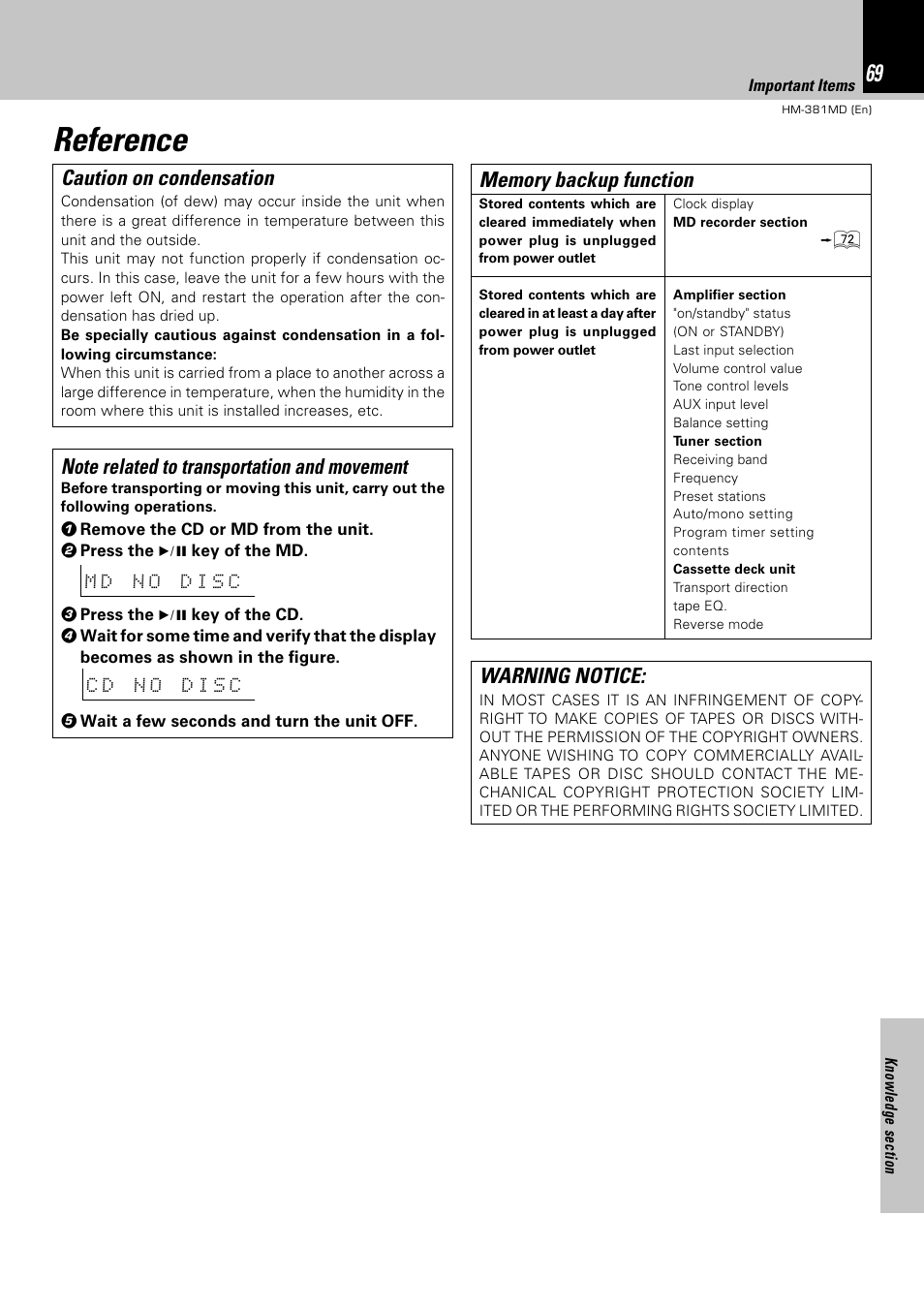 Reference, Caution on condensation | Kenwood HM-381MD User Manual | Page 69 / 76