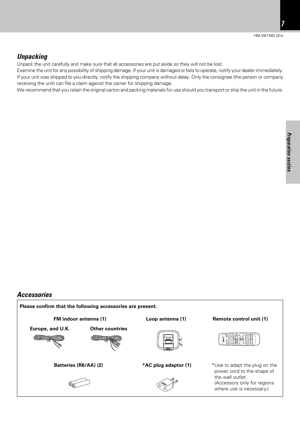 Unpacking, Accessories | Kenwood HM-381MD User Manual | Page 7 / 76