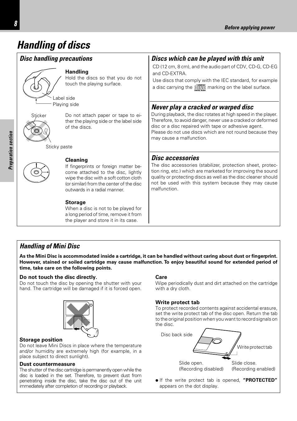 Handling of discs, Handling of mini disc, Discs which can be played with this unit | Disc handling precautions disc accessories, Never play a cracked or warped disc | Kenwood HM-381MD User Manual | Page 8 / 76