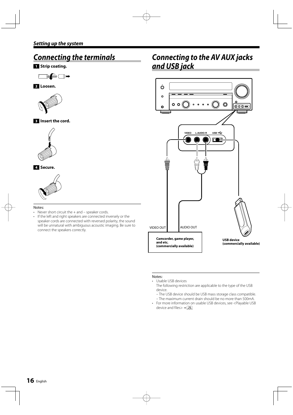 Connecting the terminals, Connecting to the av aux jacks and usb jack, Setting up the system | Kenwood KRF-V6200D User Manual | Page 16 / 44