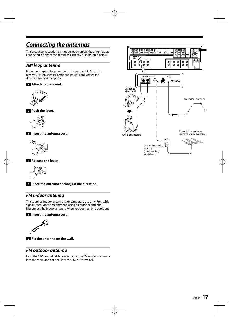 Connecting the antennas, Am loop antenna, Fm indoor antenna | Fm outdoor antenna | Kenwood KRF-V6200D User Manual | Page 17 / 44