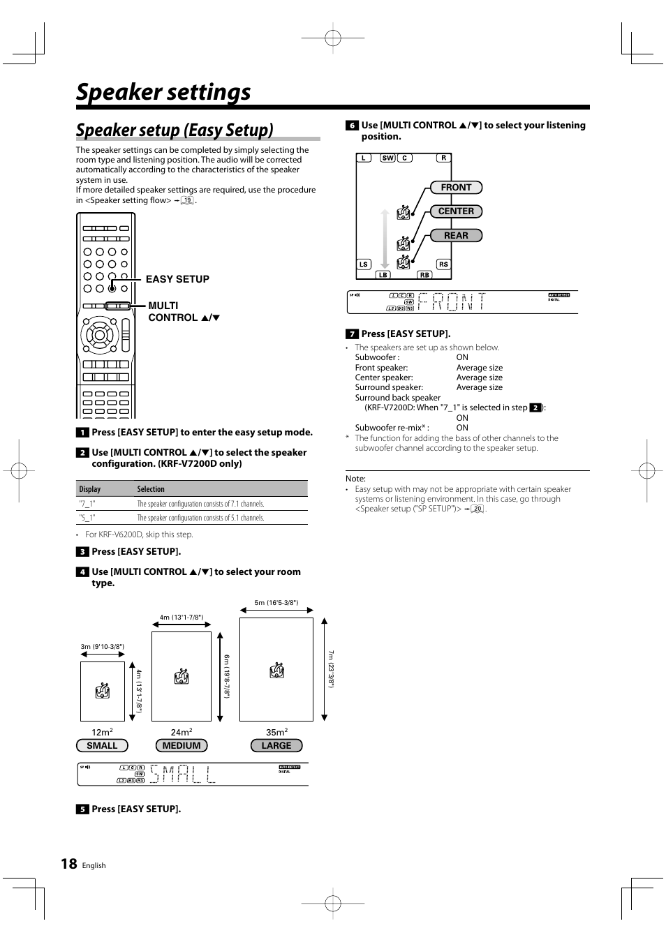 Speaker settings, Speaker setup (easy setup) | Kenwood KRF-V6200D User Manual | Page 18 / 44