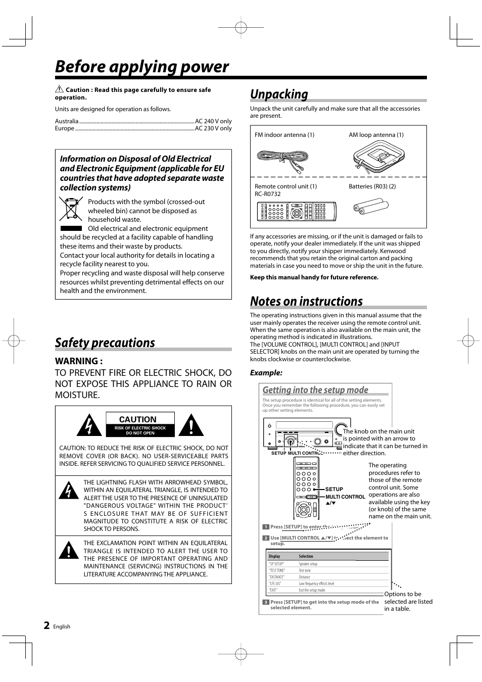 Before applying power, Unpacking, Safety precautions | Getting into the setup mode, Example, Caution | Kenwood KRF-V6200D User Manual | Page 2 / 44