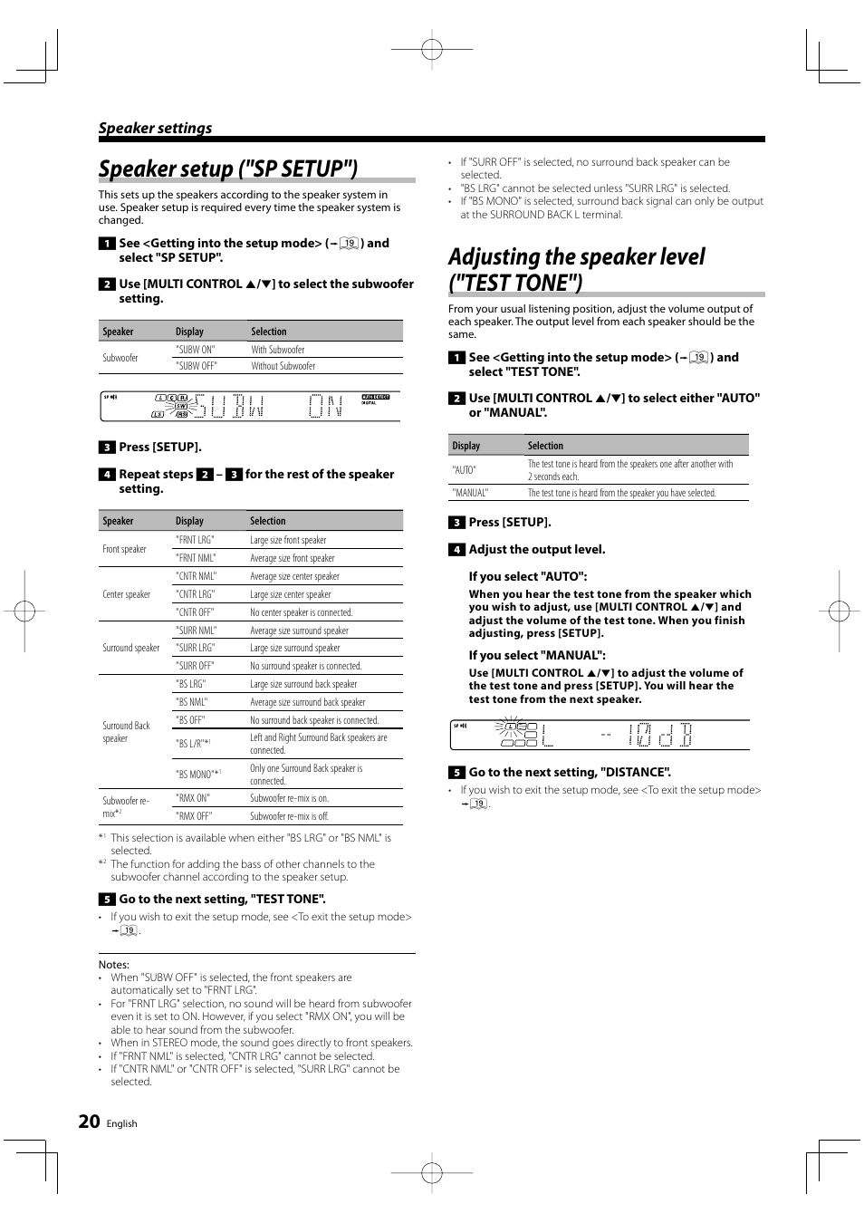 Speaker setup ("sp setup"), Adjusting the speaker level ("test tone"), Speaker settings | Kenwood KRF-V6200D User Manual | Page 20 / 44