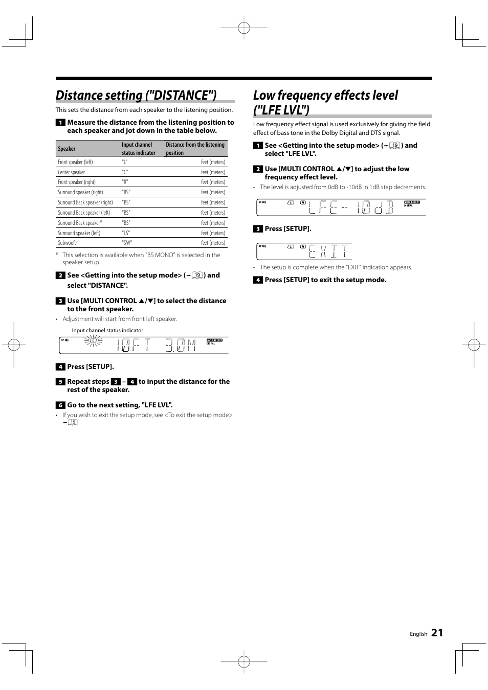 Distance setting ("distance"), Low frequency effects level ("lfe lvl") | Kenwood KRF-V6200D User Manual | Page 21 / 44