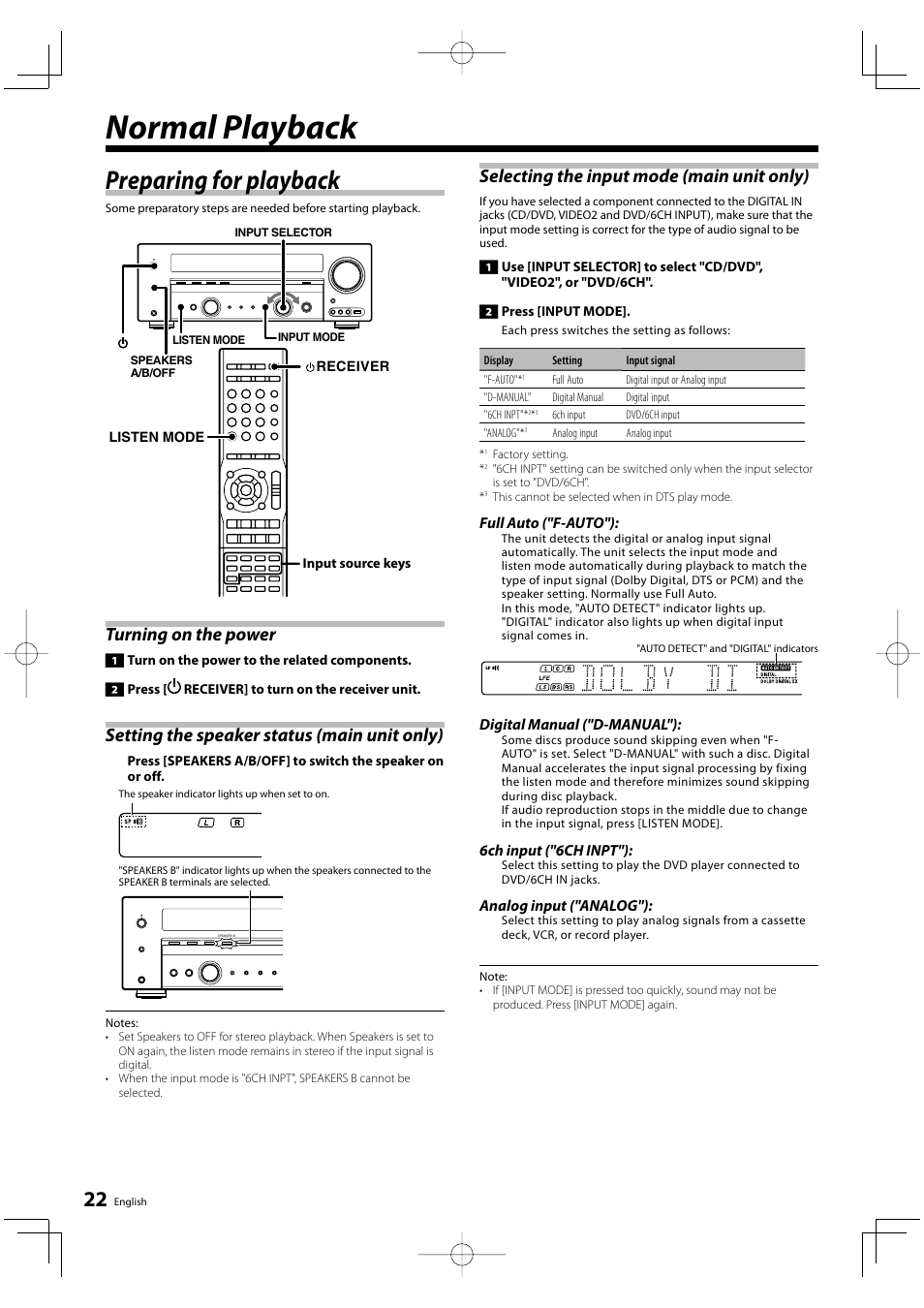 Normal playback, Preparing for playback, Turning on the power | Setting the speaker status (main unit only), Selecting the input mode (main unit only) | Kenwood KRF-V6200D User Manual | Page 22 / 44