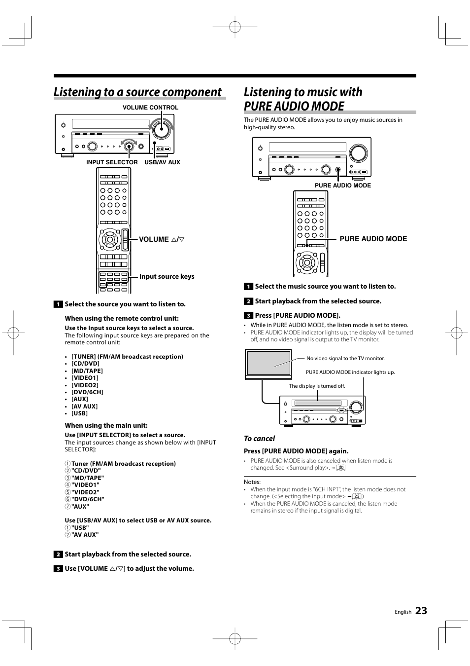 Listening to a source component, Listening to music with pure audio mode | Kenwood KRF-V6200D User Manual | Page 23 / 44