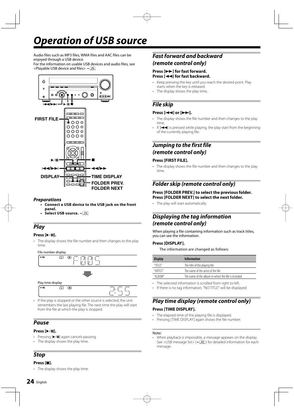 Operation of usb source, Play, Pause | Stop, File skip, Folder skip (remote control only), Play time display (remote control only) | Kenwood KRF-V6200D User Manual | Page 24 / 44