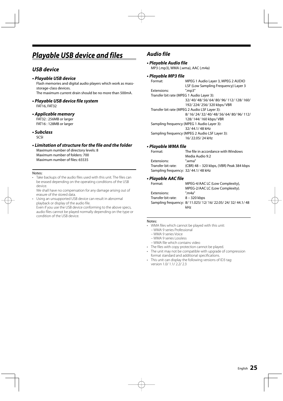 Playable usb device and files, Usb device, Audio file | Kenwood KRF-V6200D User Manual | Page 25 / 44