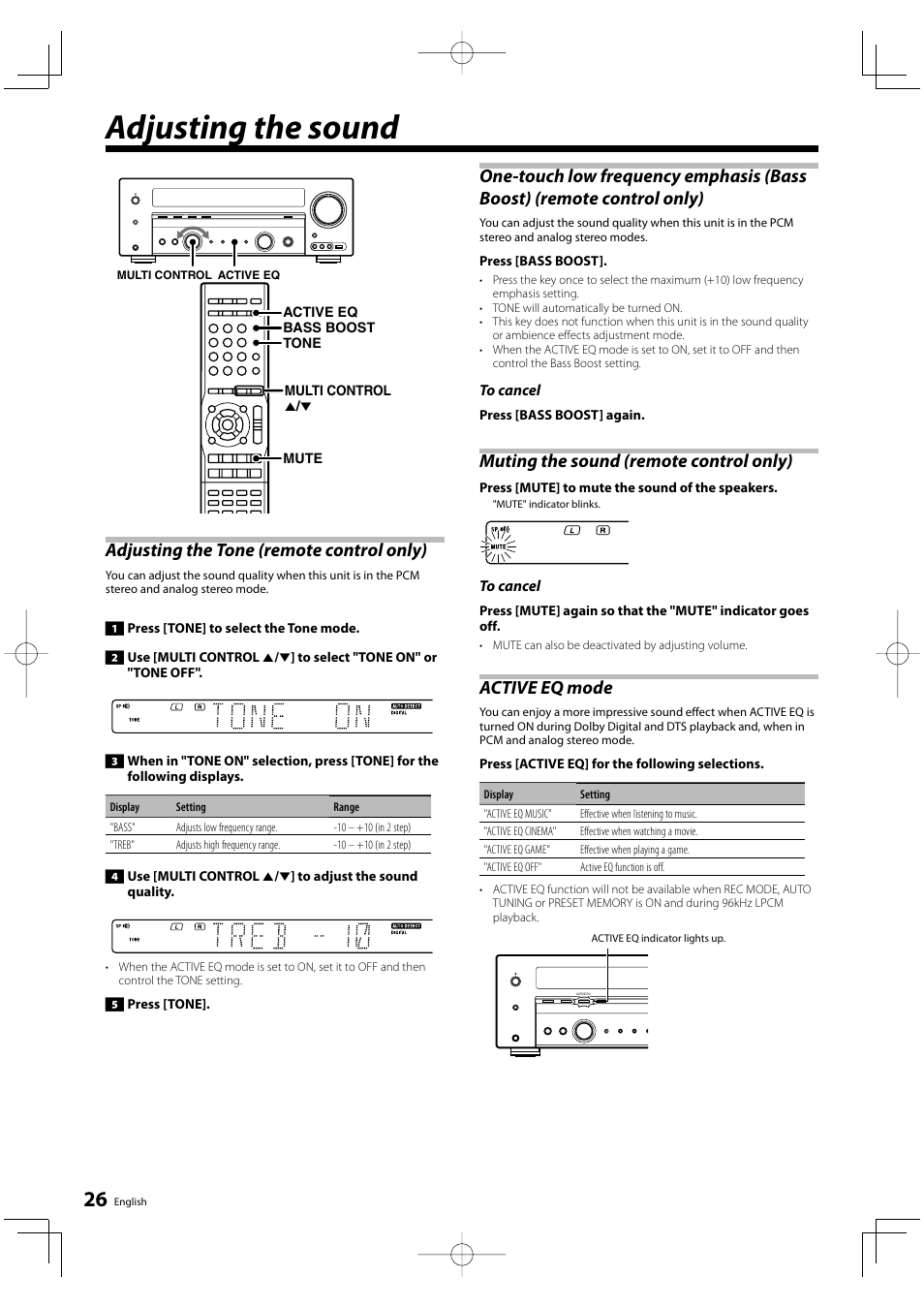 Adjusting the sound, Adjusting the tone (remote control only), Muting the sound (remote control only) | Active eq mode | Kenwood KRF-V6200D User Manual | Page 26 / 44