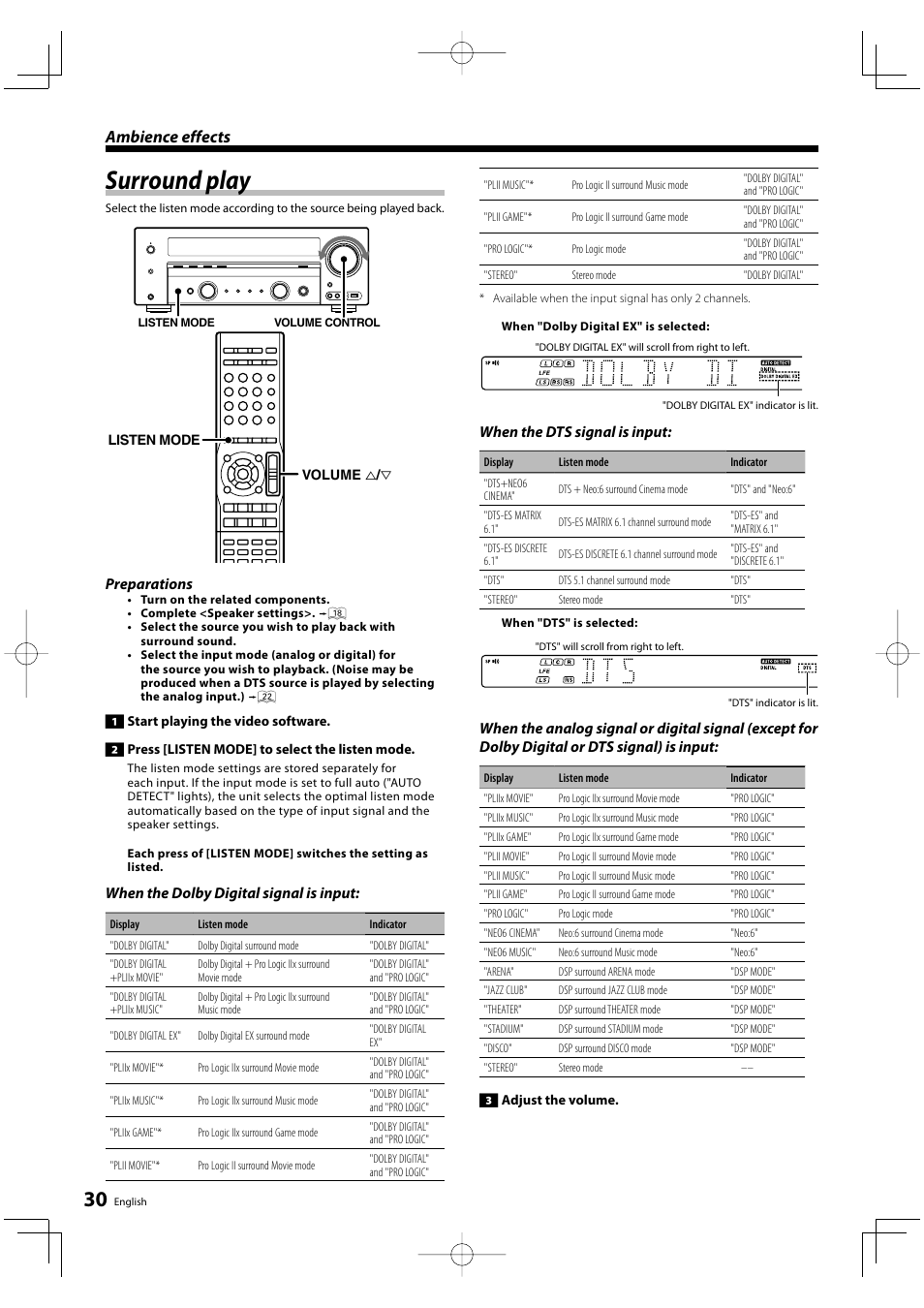 Surround play, Ambience effects, Preparations | When the dolby digital signal is input, When the dts signal is input | Kenwood KRF-V6200D User Manual | Page 30 / 44