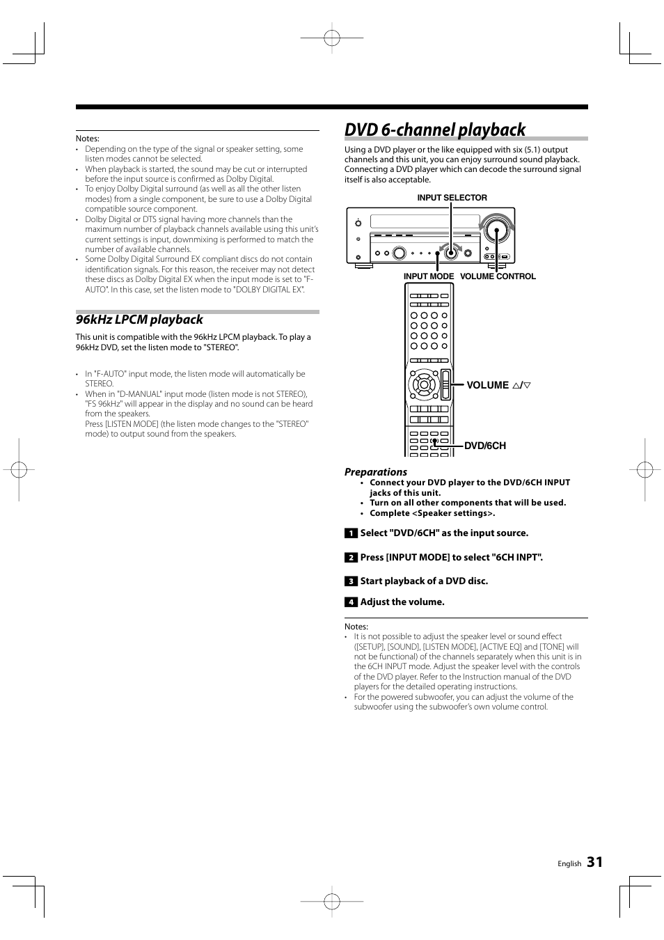 Dvd 6-channel playback, 96khz lpcm playback | Kenwood KRF-V6200D User Manual | Page 31 / 44