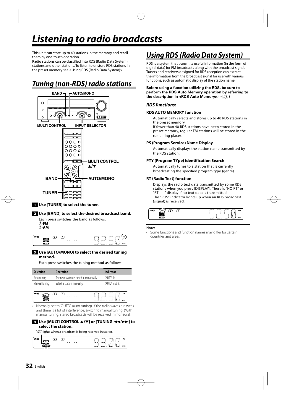 Listening to radio broadcasts, Tuning (non-rds) radio stations, Using rds (radio data system) | Kenwood KRF-V6200D User Manual | Page 32 / 44