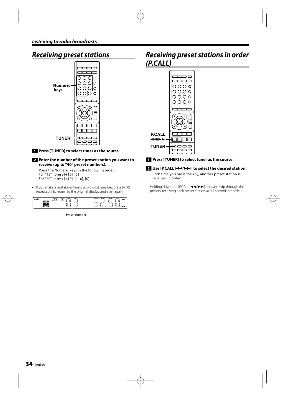 Receiving preset stations, Receiving preset stations in order (p.call) | Kenwood KRF-V6200D User Manual | Page 34 / 44