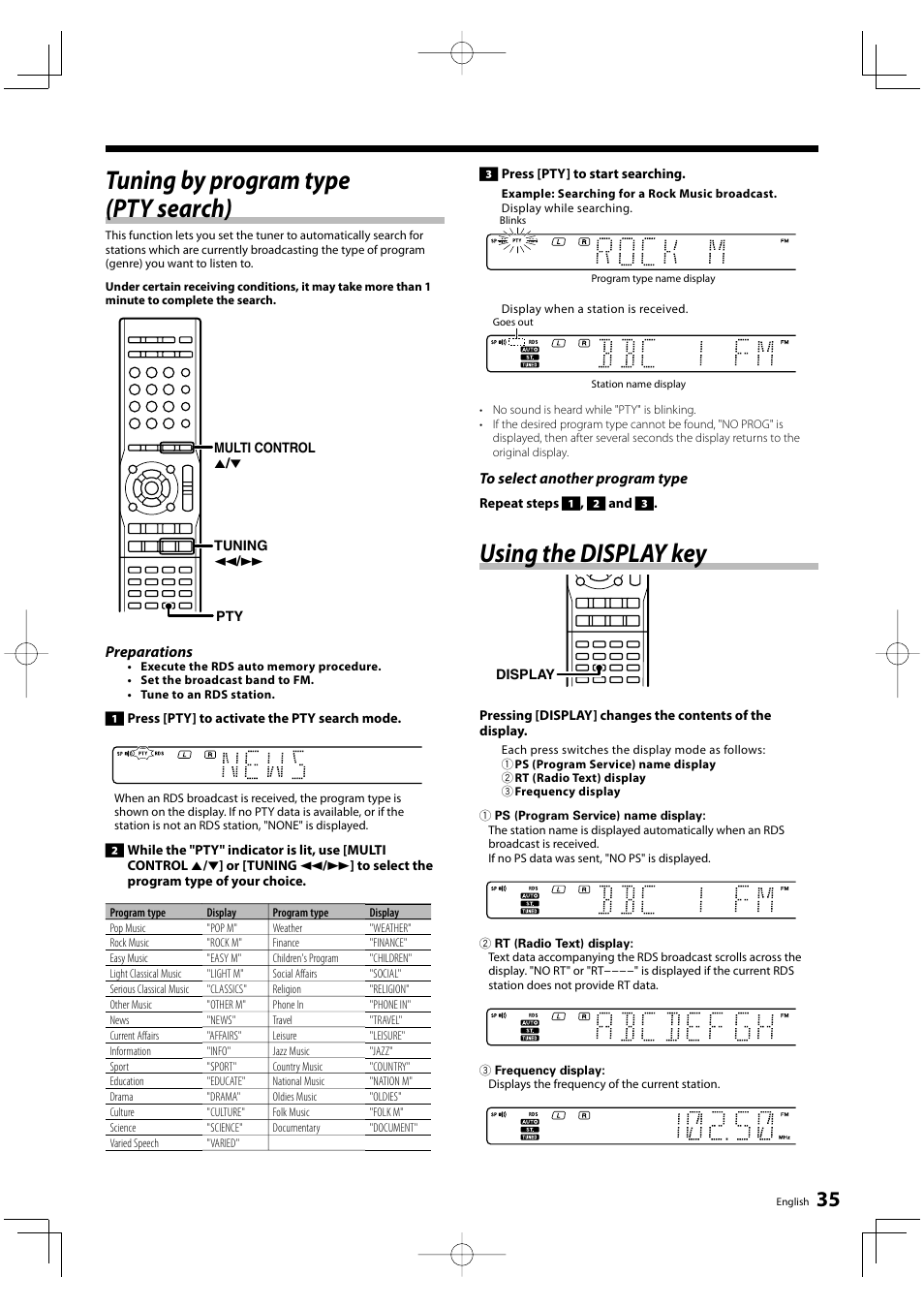 Tuning by program type (pty search), Using the display key | Kenwood KRF-V6200D User Manual | Page 35 / 44