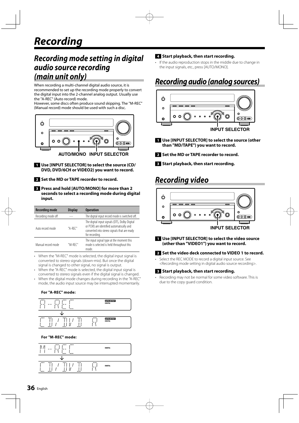 Recording, Recording audio (analog sources), Recording video | Kenwood KRF-V6200D User Manual | Page 36 / 44