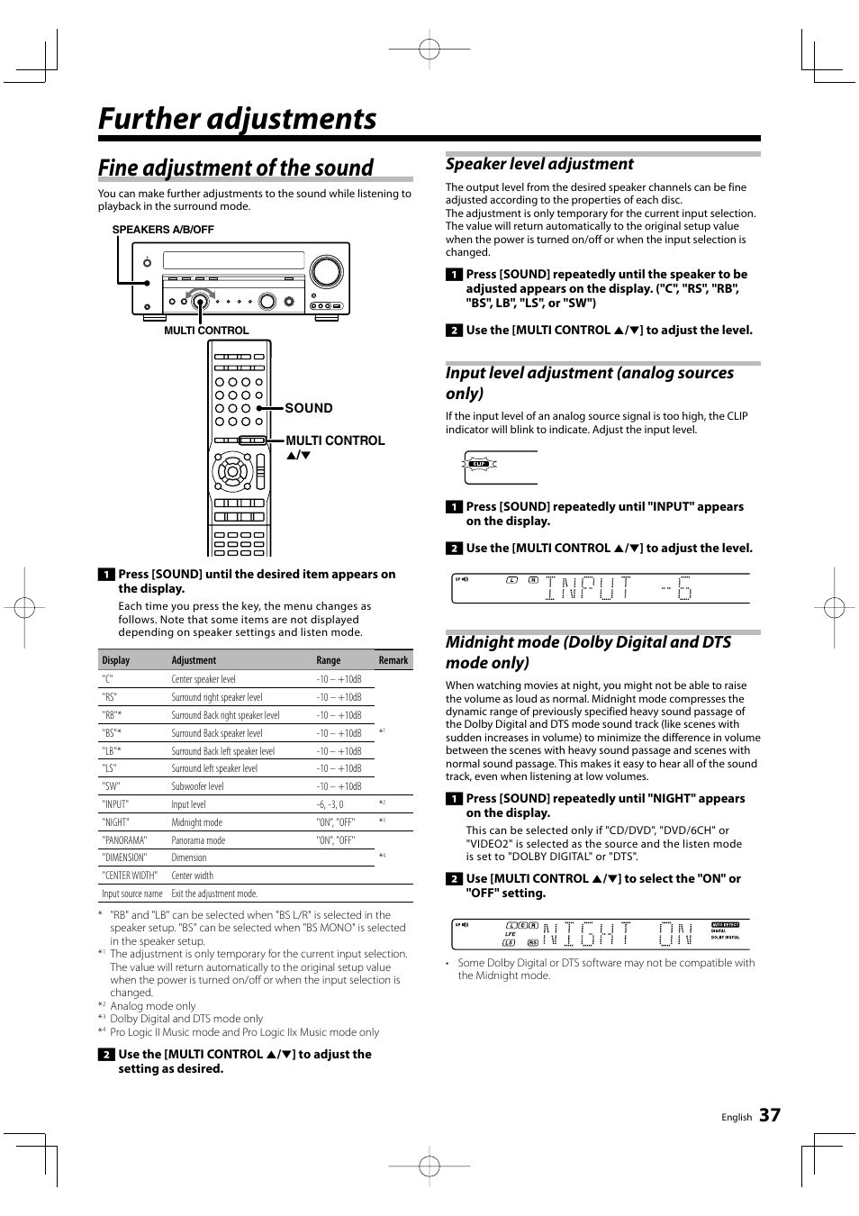 Further adjustments, Fine adjustment of the sound, Speaker level adjustment | Kenwood KRF-V6200D User Manual | Page 37 / 44