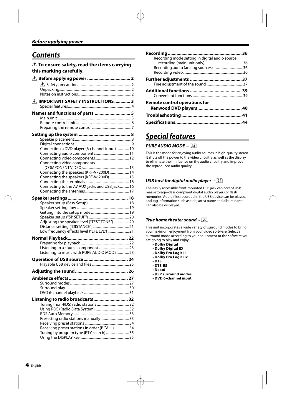 Kenwood KRF-V6200D User Manual | Page 4 / 44