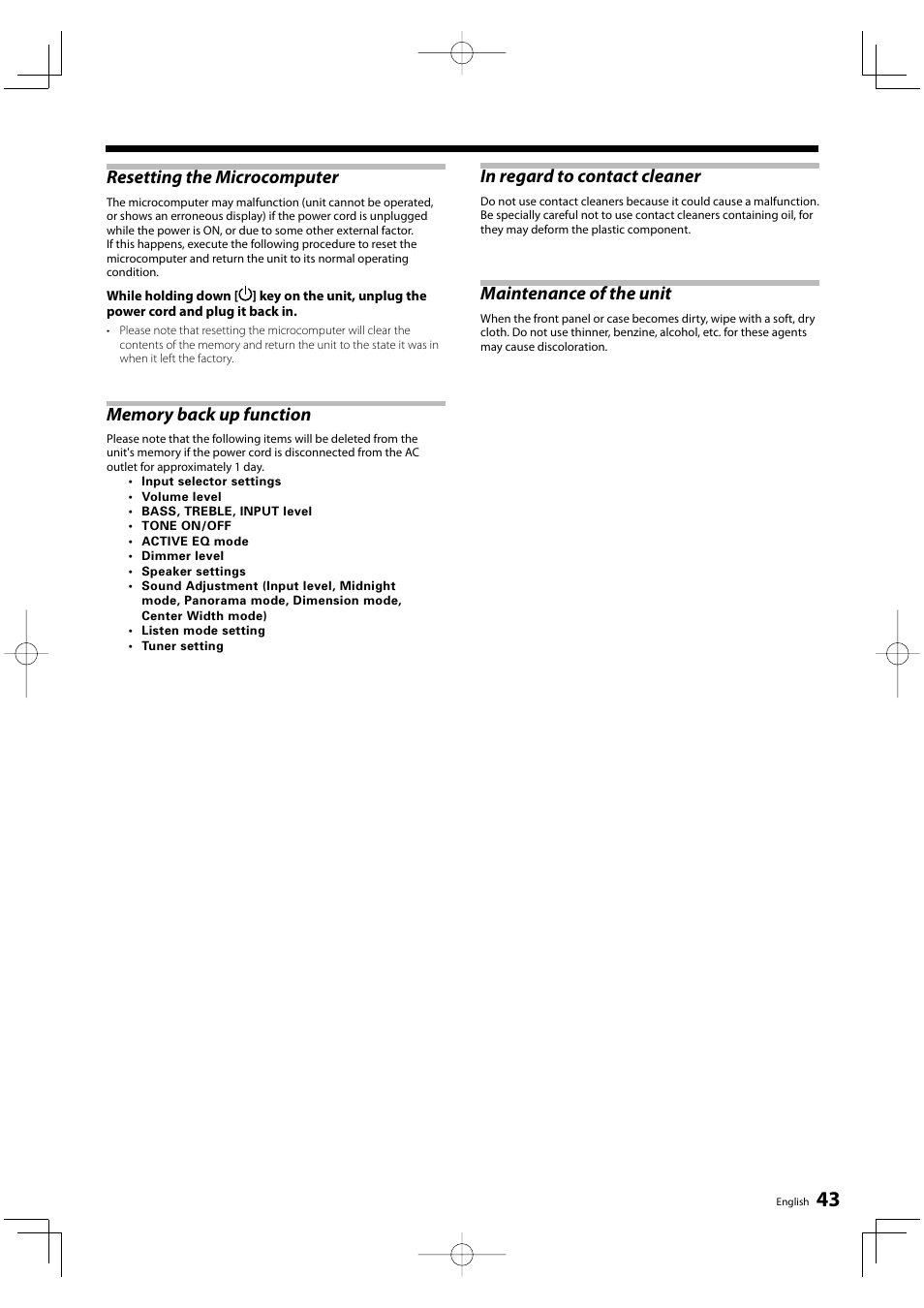 Resetting the microcomputer, Maintenance of the unit | Kenwood KRF-V6200D User Manual | Page 43 / 44