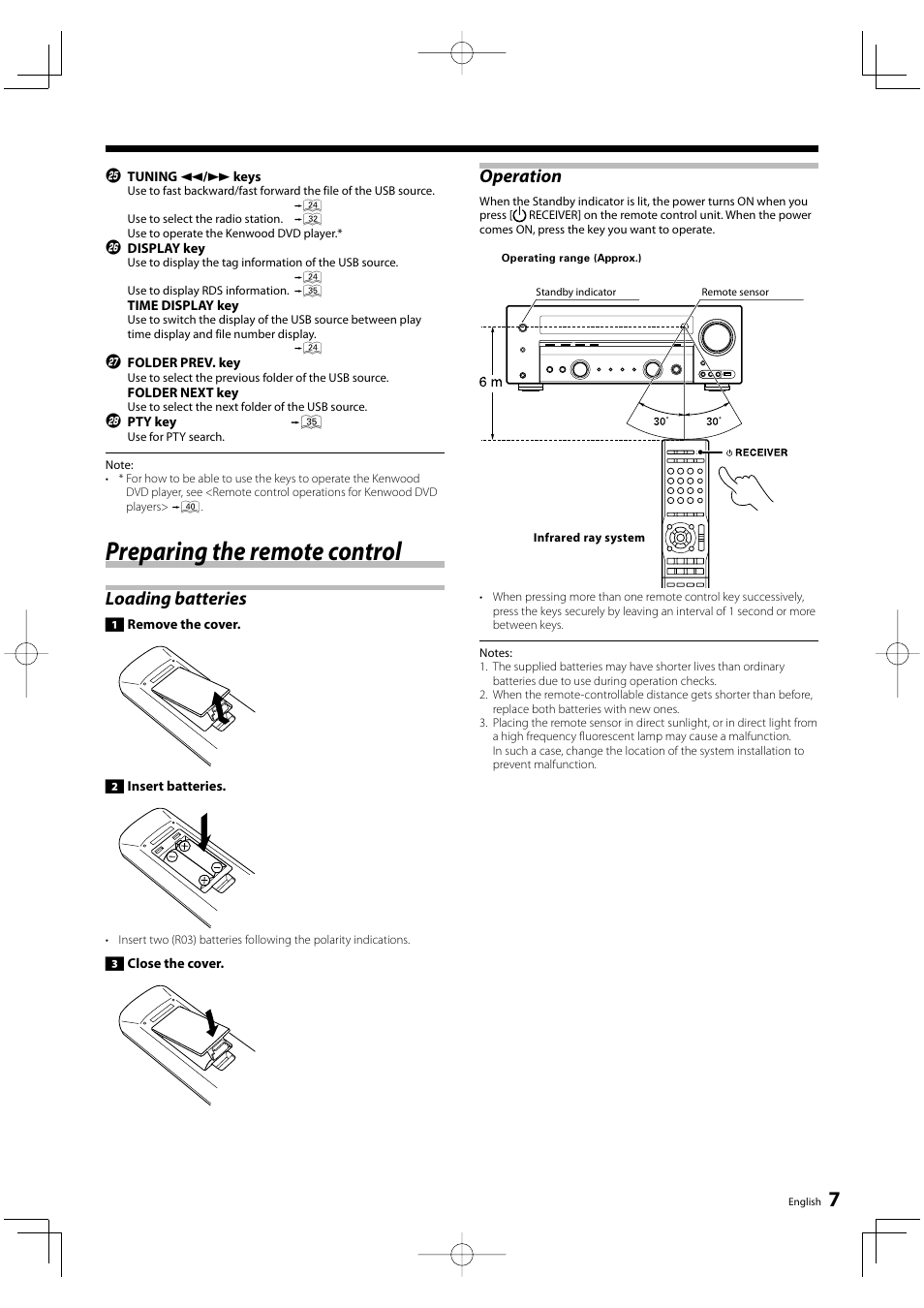 Preparing the remote control, Loading batteries, Operation | Kenwood KRF-V6200D User Manual | Page 7 / 44