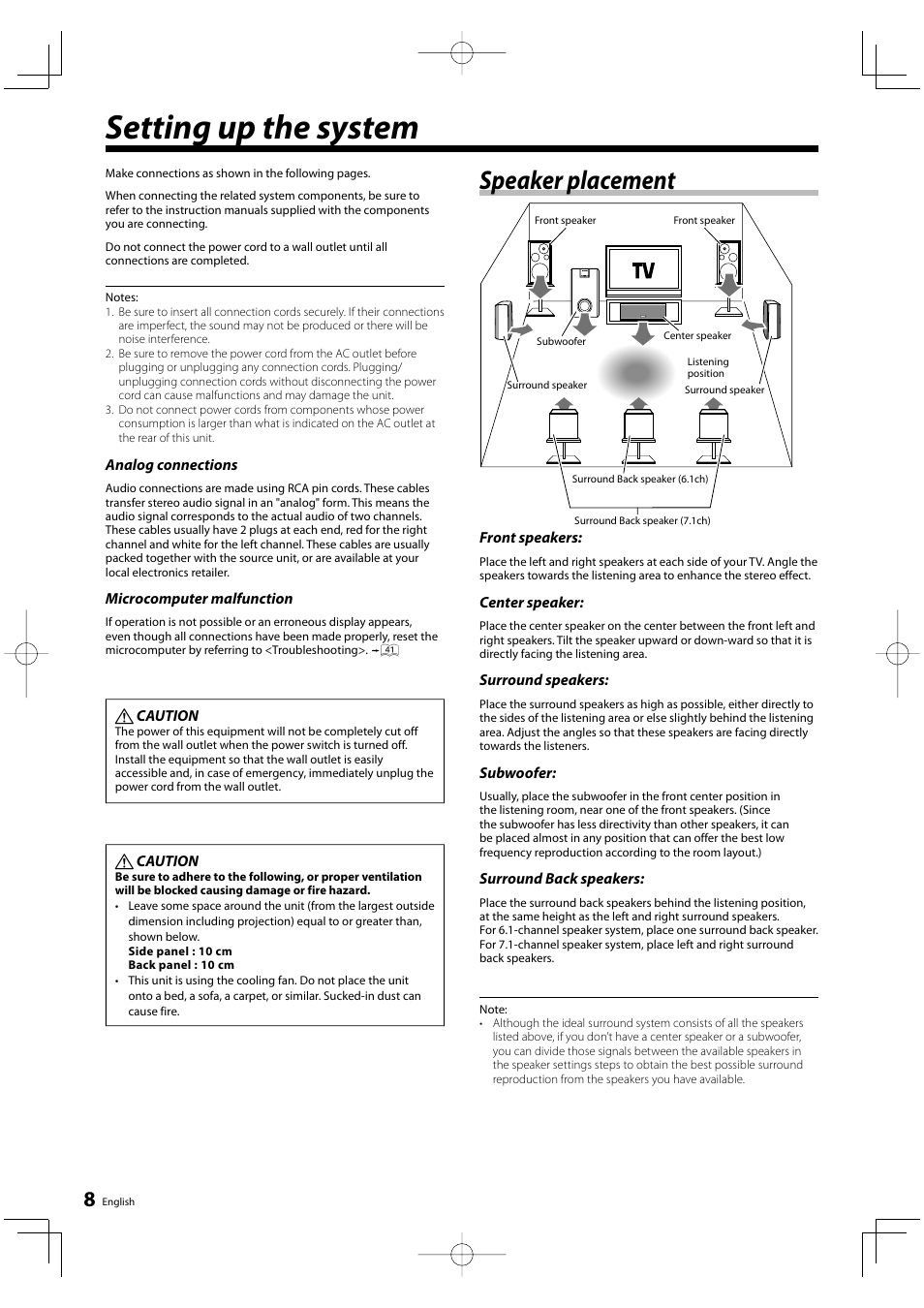 Setting up the system, Speaker placement | Kenwood KRF-V6200D User Manual | Page 8 / 44